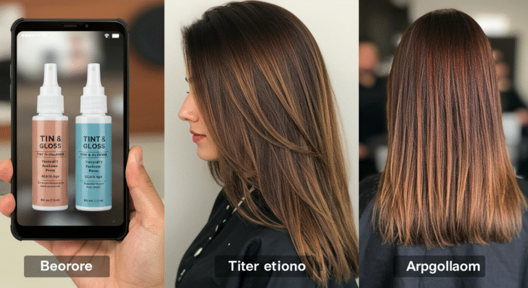 Image of: Tint, Gloss, & Tint + Gloss Combo. Image To Demonsrate Work, realistic looking Work image, captured by a mobile camera. Before After types. Only Girls. Girl face is covered, or only side or back pose. Focus on Hairs, Not on face. Pakistani.