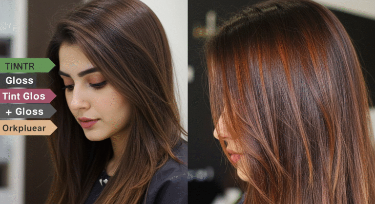 Image of: Tint, Gloss, & Tint + Gloss Combo. Image To Demonsrate Work, realistic looking Work image, captured by a mobile camera. Before After types. Only Girls. Girl face is covered, or only side or back pose. Focus on Hairs, Not on face. Pakistani.